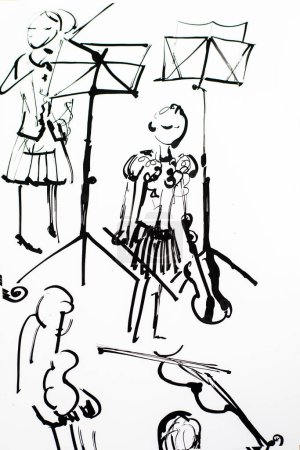 Téléchargez les photos : Croquis de violonistes jouant du violon. illustration à l'encre noire peinte à la main - en image libre de droit