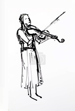 Téléchargez les photos : Dessin stylisé d'un violoniste jouant du violon. dessin à la main dessin à l'encre noire illustration - en image libre de droit