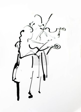 Téléchargez les photos : Dessin stylisé de petites filles violonistes jouant du violon. dessin à la main dessin à l'encre noire illustration - en image libre de droit