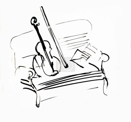 Téléchargez les photos : Violon avec un arc sur le canapé. illustration à l'encre noire peinte à la main - en image libre de droit
