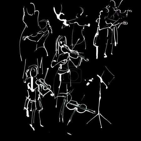 Téléchargez les photos : Violonistes jouant du violon sur fond noir. illustration à l'encre blanche dessinée à la main - en image libre de droit