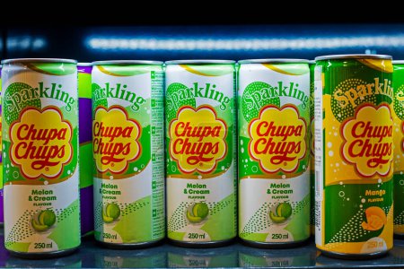 Photo for Cooling drinks chupachups in the refrigerator on the counter in a store in Ukraine on April 30 - Royalty Free Image