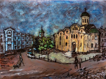 Photo for Urban sketch of the tithe church in the city of Kyiv on a sunny day. watercolor and ink - Royalty Free Image