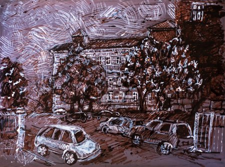 Téléchargez les photos : Illustration dessinée à la main rue Vladimir avec des voitures et des châtaigniers en fleurs Kiev en Ukraine à l'encre brune et blanche. Paysage urbain. - en image libre de droit