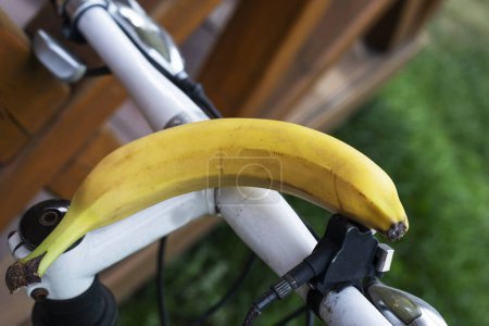 Photo for Ripe yellow banana on the handlebars of a bicycle. Workout and proper nutrition - Royalty Free Image