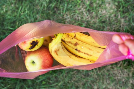 Foto de Guardar los plátanos en una bolsa de plástico desechable. ecologistas ambientales. compras en una tienda - Imagen libre de derechos