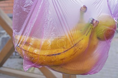 Foto de Guardar los plátanos en una bolsa de plástico desechable. ecologistas ambientales. compras en una tienda - Imagen libre de derechos