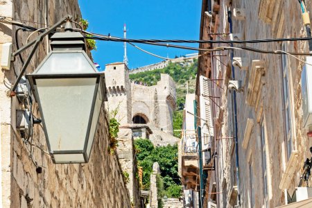 Street with a lantern in Dubrovnik in Croatia. Travel around Europe
