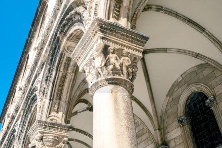 Corythian column with sculpted angels in Dubrovnik in Croatia. travel around Europe