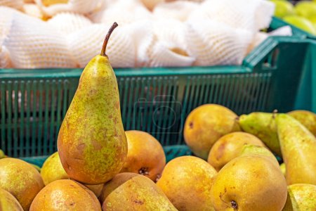 ripe large pears lie in a container in a supermarket