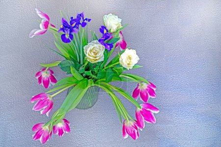 bouquet de fleurs printanières avec roses, iris et tulipes sur fond gris. Festival de printemps