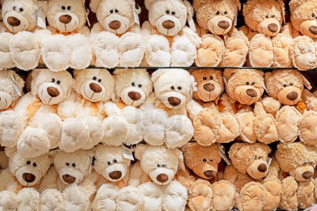 Stofftier weiße und braune Teddybären auf der Theke in einem Kinderladen