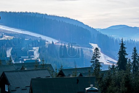 wooden houses made of solid wood on a gentle slope in the early morning. active recreation