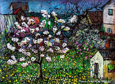 ilustración colorida dibujada a mano de flores de cerezo en el patio en un día soleado