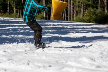 close-up of a snowboarder going down the slope. safe active recreation