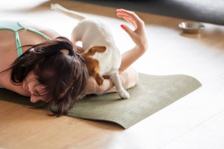 glückliche Gruppe von Mädchen, die Yoga mit ihren Jack Russell Terrier Welpen machen. Gesunder Lebensstil