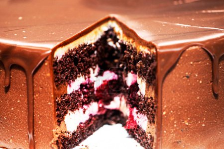schöner Schokoladenkuchen mit Biskuitteig mit Zuschnittstück ausgestellt