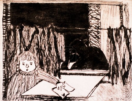 hand-drawn illustration of a little girl riding on a train made using the dry-point technique
