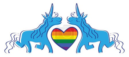 Illustration for Two blue unicorns with a heart-pride flag LGBT in the middle - Royalty Free Image