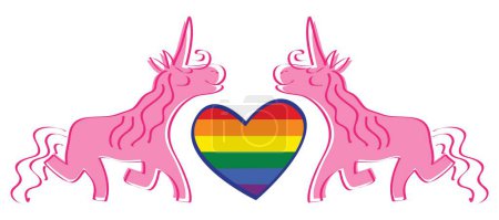 Illustration for Two pink unicorns with a heart-pride flag LGBT in the middle - Royalty Free Image