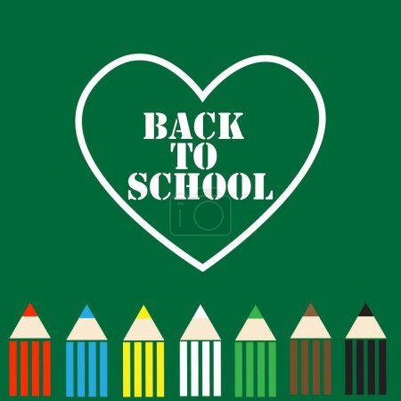 Illustration for Back to school white inscription inside the outline in the form of a heart on a blackboard with basic colored pencils - Royalty Free Image