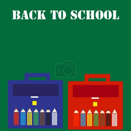 Illustration for Back to school an inscription on a school green blackboard with two briefcases for a boy and a girl with pencils - Royalty Free Image