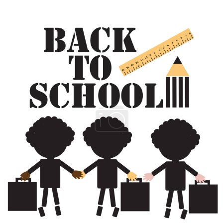 Illustration for Back to school black inscription three silhouettes of schoolchildren of different nationalities with briefcases, ruler and books, isolate vector - Royalty Free Image