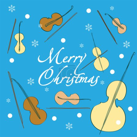 Illustration for Merry christmas greeting card with violins on a blue background, vector - Royalty Free Image