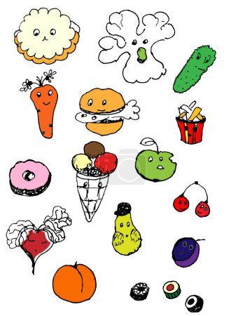 Ilustración de Comida rápida Inconsútil, bocadillos rápidos, juego de verduras de colores, ilustración de vectores - Imagen libre de derechos