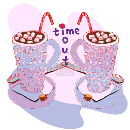 Téléchargez les illustrations : Time out two cups of cocoa for lovers with marmeshou in lilac colors, spring has come, illustration, vector, isolate - en licence libre de droit