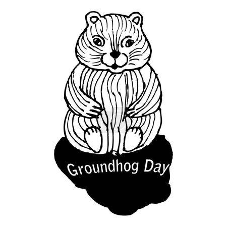 Téléchargez les illustrations : Happy groundhog day black and white drawing, groundhog and his tenvector, isolate, illustration - en licence libre de droit