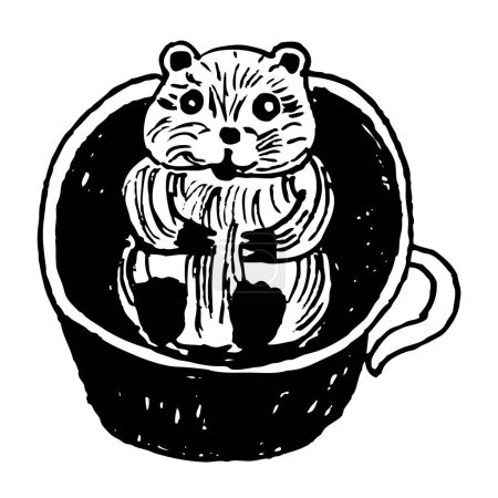 Téléchargez les illustrations : Happy hamster in a cup black and white drawing, isolate, illustration, vector, - en licence libre de droit