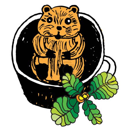 Téléchargez les illustrations : Happy hamster in a cup with a green leaf, isolate, illustration, - en licence libre de droit