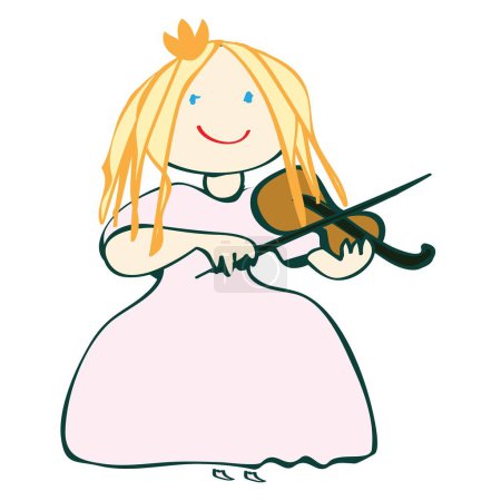 Illustration for Happy little violinist plays the violin in a long dress, vector, illustration, music lessons, isolate - Royalty Free Image