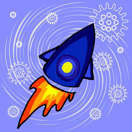 Illustration for Flying rocket and Covid 19, Coronavirus on a lilac background. Weakening quarantine. Windy illustration, square - Royalty Free Image
