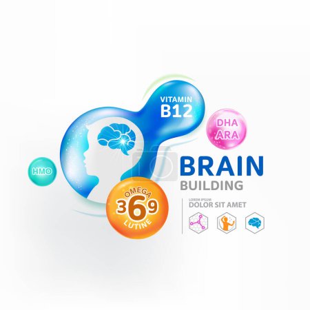Illustration for Omega 3 vitamins for Brain Building product for kids - Royalty Free Image