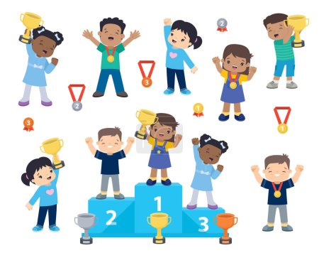 Téléchargez les illustrations : Multi-ethnic children with medals and trophies, Victory stand, Sports pedestal, Medalists kids standing on competition winner podium clip art, Kawaii style flat illustrations - en licence libre de droit