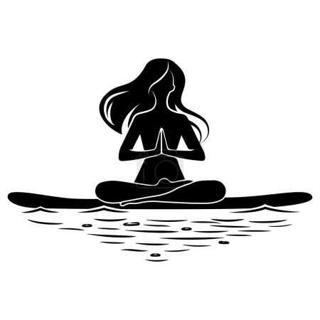 SUP surfing vector illustration with young woman practicing asanas on a supboard on white background
