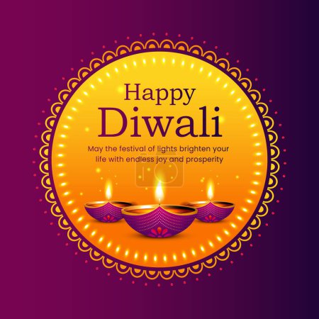 Illustration for Happy Diwali background with illuminated diyas and mandala decoration. India Diwali celebration greeting card, diwali unit design, vector illustration. - Royalty Free Image