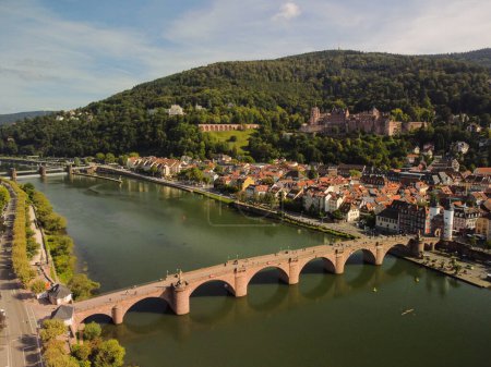 Photo for Heidelberg skyline aerial view from above. Heidelberg skyline aerial view of old town river and bridge, Germany. Aerial View of Heidelberg, Germany Old Town. High quality photo - Royalty Free Image