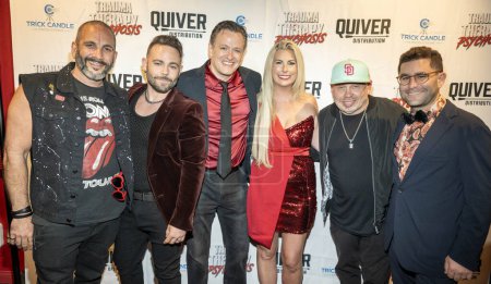 Photo for Producer Judah Ray, Actor David Josh Lawrence, Actor/Producer Tom Malloy, Actress Courtney Warner, Actor Vince Lozano, Exec Producer Charlie Shrem attends Los Angeles Film premiere Trauma Therapy/ Psychosis at Fine Arts Theatre, Los Angeles, CA Augus - Royalty Free Image