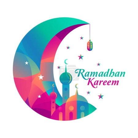 Ramadan kareem vector design with Islamic crescent moon, mosque, stars, lanterns hanging on crescent moon with colors. Islamic decoration.