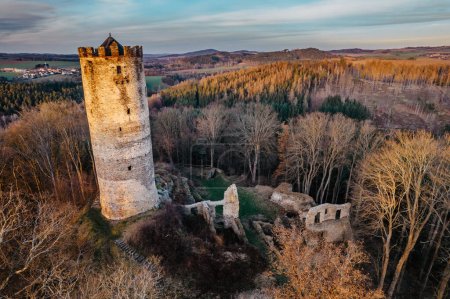 Aerial view of Gothic-Renaissance Selmberk castle ruin near the village of Mlada Vozice,Czech republic.It stands on rock,its tower is dominant feature of the ruins and its a lookout tower