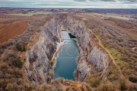 Aerial view of Velka Amerika,Big America,limestone quarry.Grand Canyon of Czech Republic.Labyrinth of caves,lake with crystal clear water.Popular tourist place,picturesque Czech nature,steep cliffs