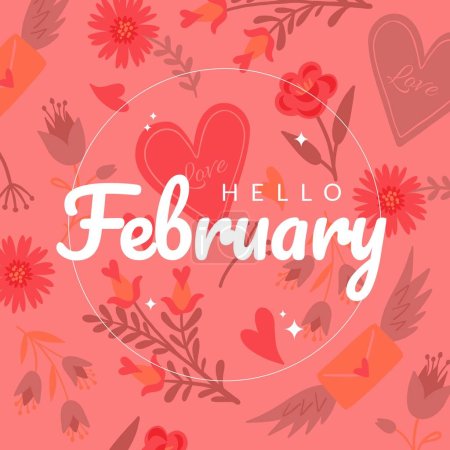 Komposition von Hallo-Februar-Text über Blumen und Herzen. Hallo Februar und Feier Konzept digital generierte Bild.