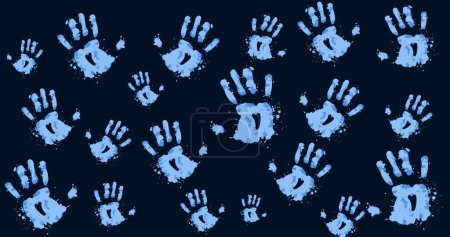 Téléchargez les photos : Généré numériquement des empreintes de mains bleues teintées sur fond noir. Vecteur, dessin, encre, main humaine, traite des êtres humains, criminalité, liberté, concept de sensibilisation et de prévention. - en image libre de droit