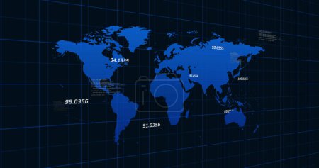 Téléchargez les photos : Image d'une carte du monde bleue avec des chiffres bleus montant et descendant sur fond noir. Économie mondiale concept boursier composition numérique - en image libre de droit