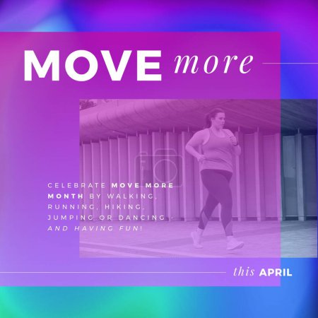 Photo for Composition of move more month text and woman running outdoors. Move more month, active and healthy lifestyle concept. - Royalty Free Image