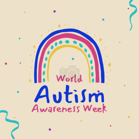 Photo for Composition of world autism awareness week and rainbow on yellow background. World autism awareness week and learning difficulties concept. - Royalty Free Image