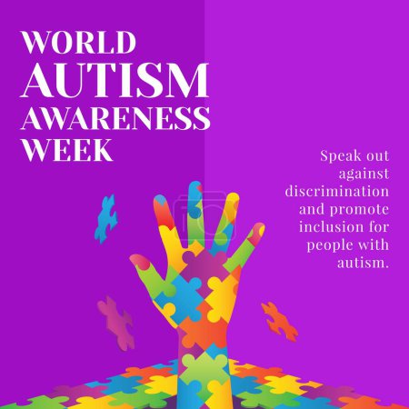 Photo for Composition of world autism awareness week and hand formed with puzzle pieces. World autism awareness week and learning difficulties concept. - Royalty Free Image